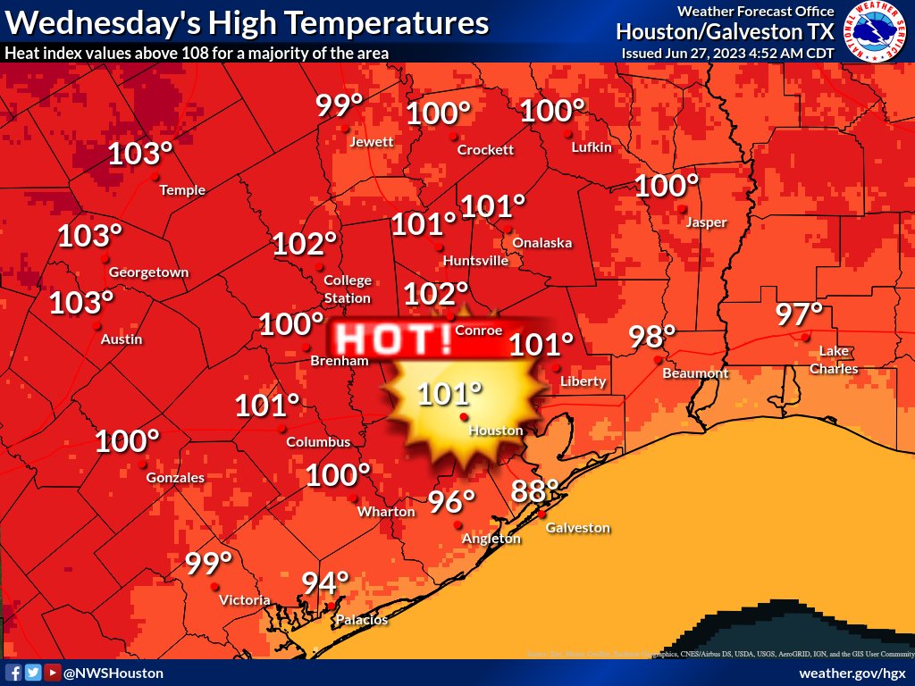 Heat Advisory is in effect for all of SE TX today. Dangerous heat will persist thru the remainder of the week. Additional Heat Advisories will be needed, and Excessive Heat Warnings are possible. Continue to follow all heat safety tips to stay safe! #txwx #houwx #glswx #bcswx