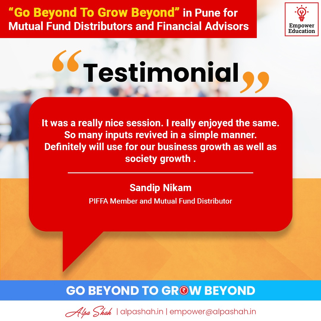 AlpaShah5678's tweet photo. Testimonials received for event held by Empower Education along with PIFAA Mutual funds distributors association.
industry. #Knowledge, #education and #support to the #mutualfund industry is what Empower Education aspires to do!
#EmpowerEducation #PIFAA #Mutualfunddistributors https://t.co/EJfIm398AH