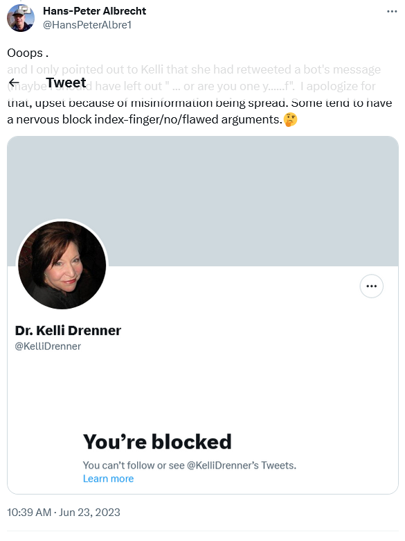 @MalloryGates14 @immisifus @KelliDrenner You aren't blocked yet, Mallory?
< Demonstrating openess to discussion, wisdom, knowledge and wholesome empathy she blocks / has blocked anyone disagreeing... satire >  wrt to THR.