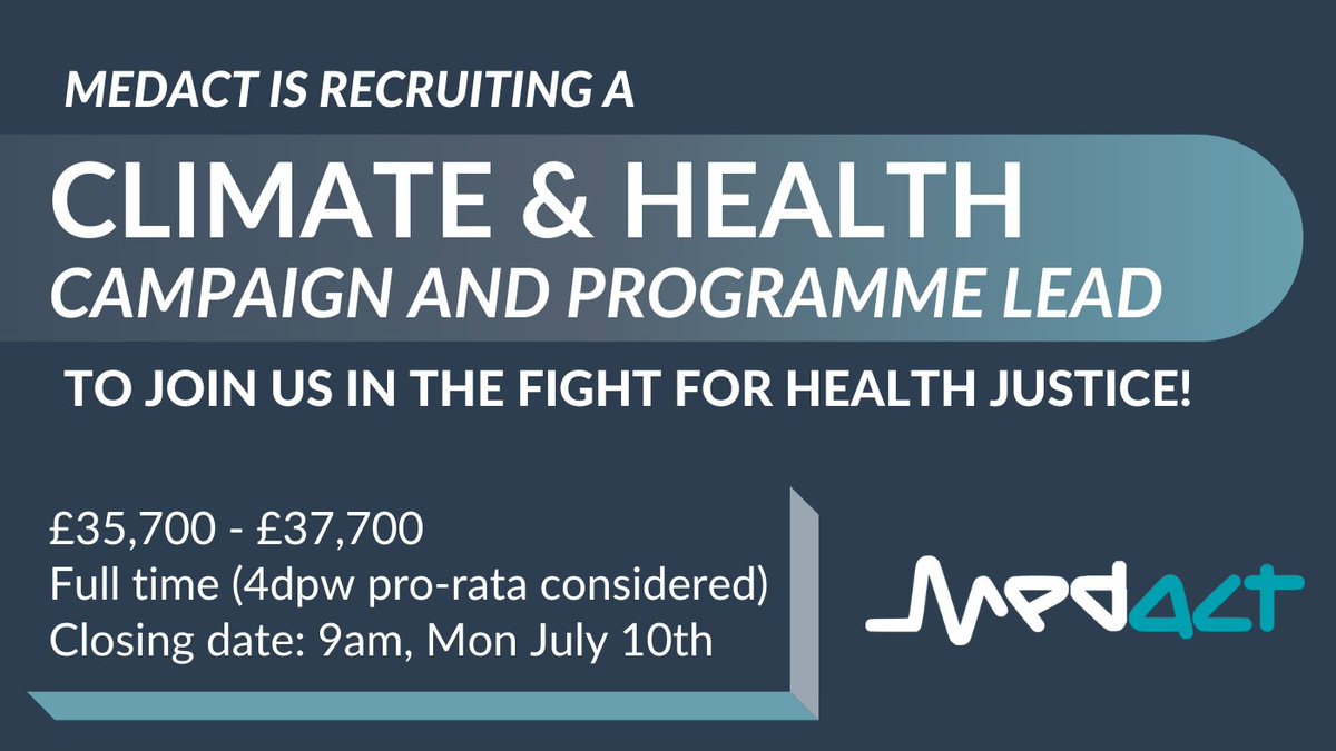 📢 We've extended the deadline for our Climate &amp; Health campaigner vacancy to 9am, Monday July 10th 📢

Read more, download the pack and apply: medact.org/2023/jobs/clim…