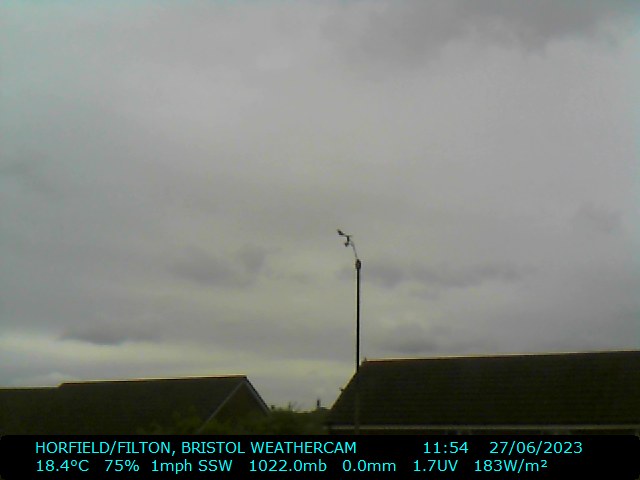 #bristol #weather 11:55 27/6/2023, overcast/dry/warm, T:18.4C, W:6mph(SW), B:1022.0mb(Steady), H:75pct, R:0.0mm