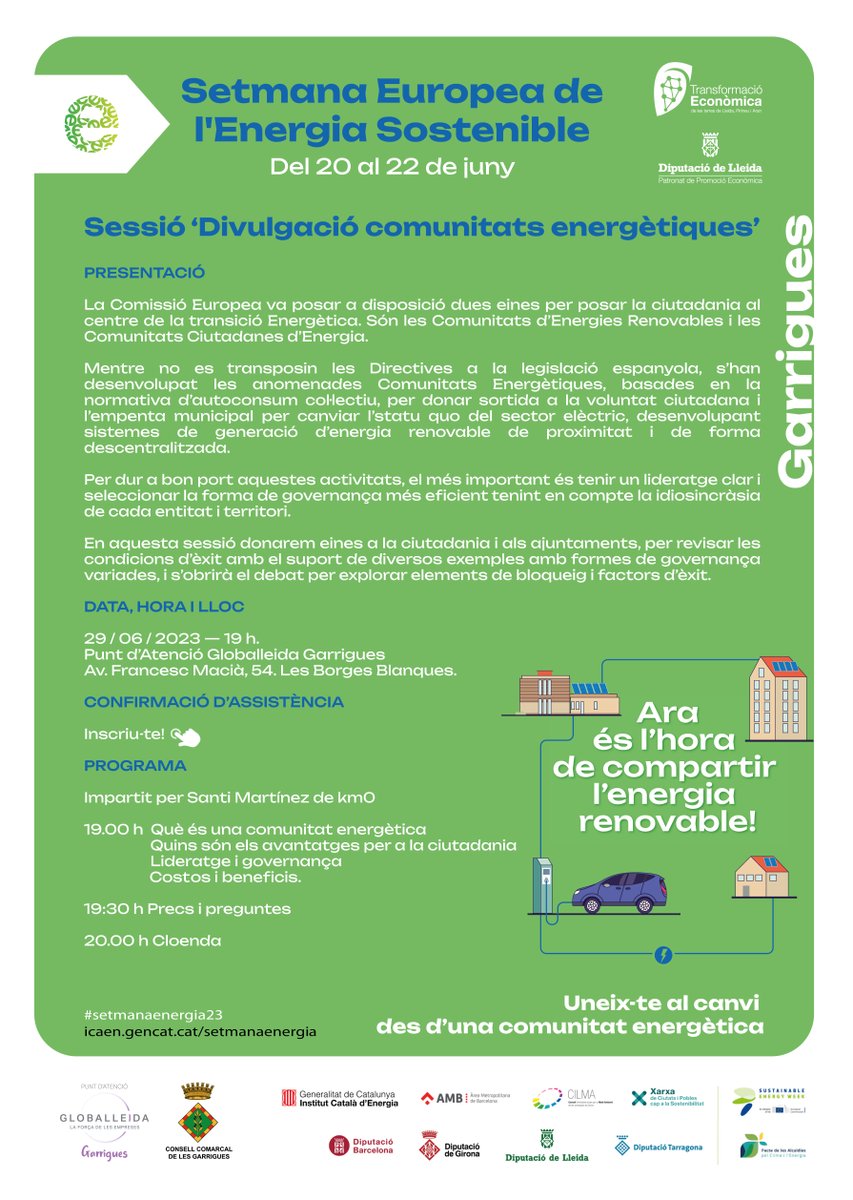 #Setmanaenergia23 | Aquest dijous tindrà lloc a les #BorgesBlanques una de les 5 sessions de 'Divulgació de comunitats energètiques'.

🗓️ 29 de juny a les 19h
📍 #Puntatenciógloballeida Garrigues
📝 Inscriu-te! promocioeconomica.cat/agenda/sessio-…
