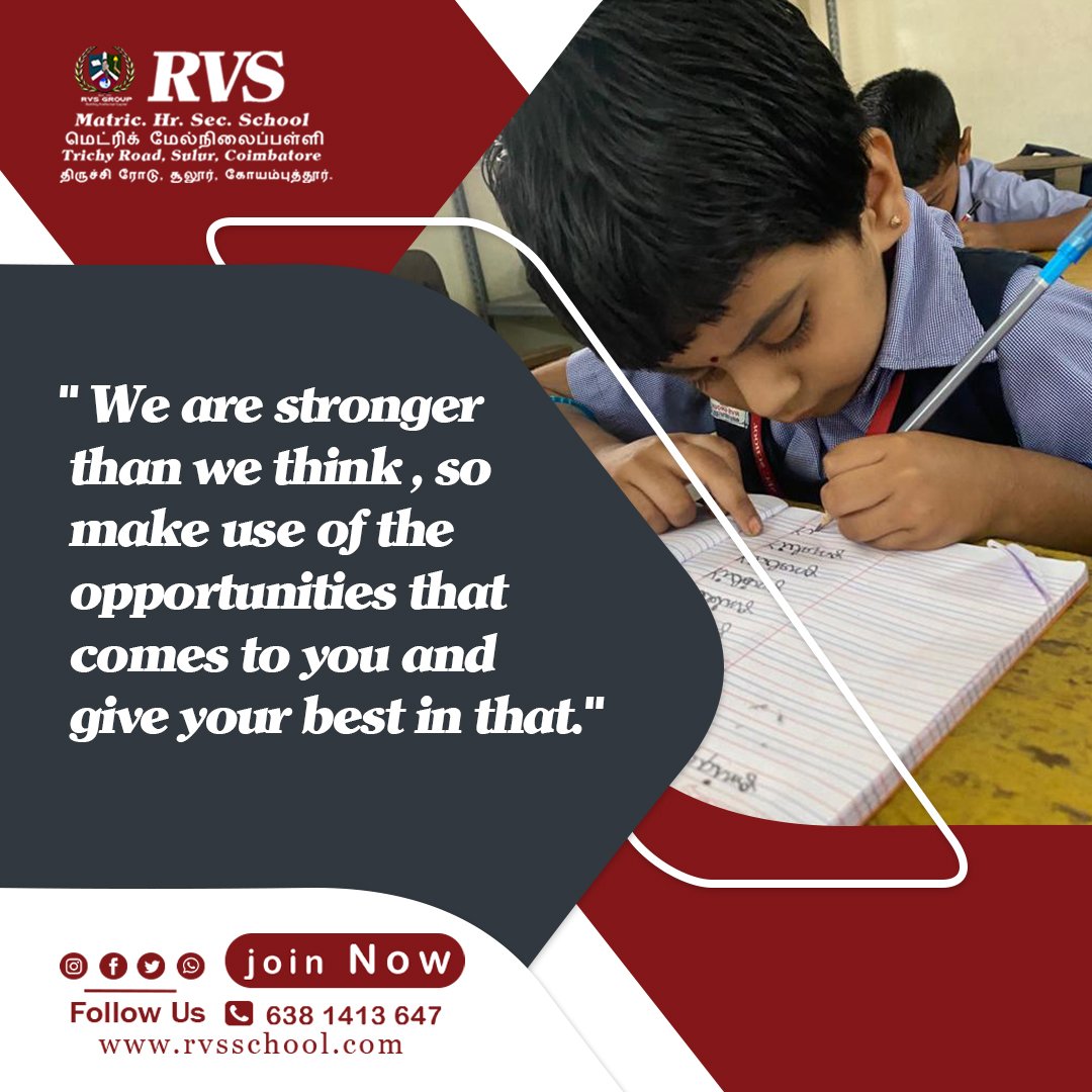 ' We are stronger than we think , so make use of the opportunities that comes to you and give your best in that.'
#coimbatoreschool #coimbatoreschools #sulur #sulurschool #rvsschool
#rvsmatriculationhrsecschool #schoollife #classroom #schoolmemories
#rvsians #schooldays #teachers