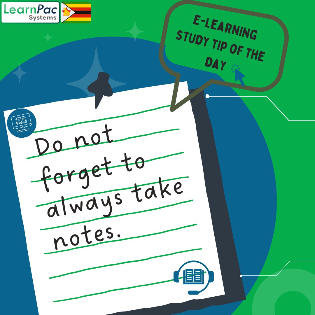 Improve your #eLearning retention with this simple #studytip! 📝 Actively taking notes helps you remember information better and ensures that you are paying close attention to the material. Plus, notes that are physically written have a higher retention rate! 💡
#zimbabwe