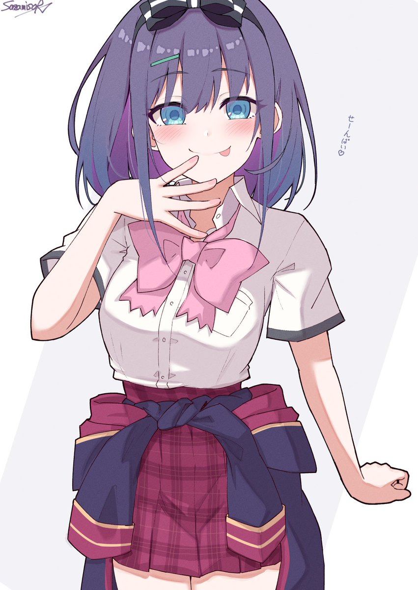 1girl solo skirt clothes around waist purple hair tongue out tongue  illustration images