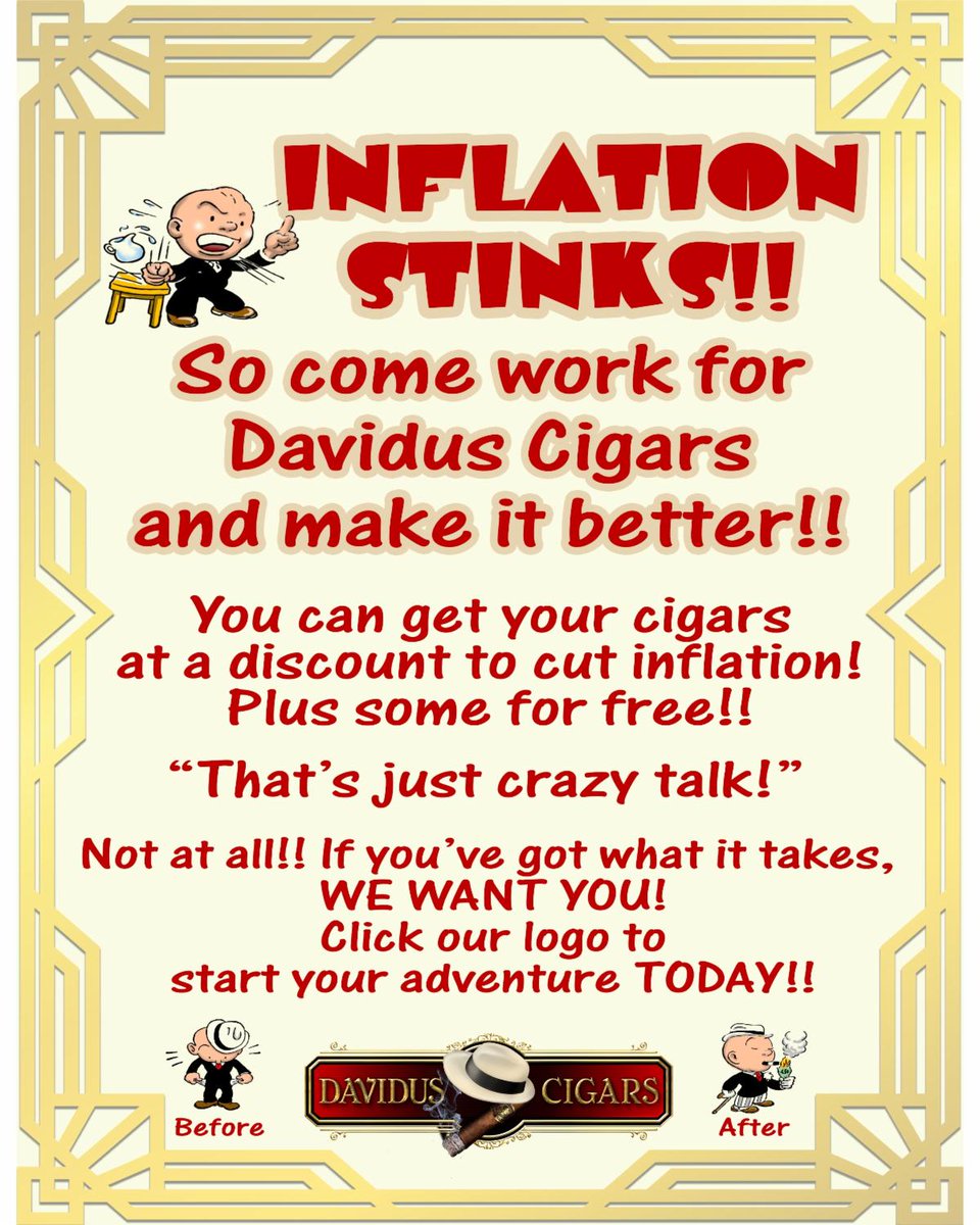 We're hiring! Get paid to smoke cigars. Join the best cigar team in the USA! Click to apply: davidus.com/fun-jobs
Hiring for Annapolis, Eldersburg, Frederick, Shady Grove, Towson, and Urbana
.
.
.
#cigaraficionado #botl #sotl #cigarsmoker #nowsmoking #daviduscigars #cigar #ci