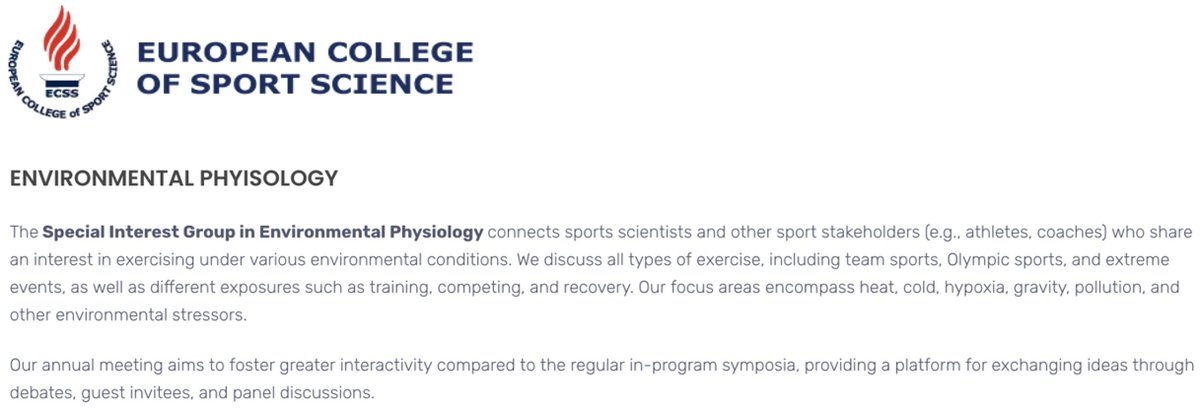 Join the Environmental Physiology SIG
<a href="/E_C_S_S/">ECSS</a> July 5, 12:45, room 313

Paris 2024 &amp; beyond: environmental considerations to protect athlete health &amp; performance  

Air pollution <a href="/ValerieBougault/">Bougault Valérie</a>
Heat &amp; hydration <a href="/LouiseMBurke/">Louise Burke</a>
Hypoxia <a href="/anakatesousa/">Ana Sousa</a>
Travel fatigue <a href="/ShonaHalson/">Shona Halson</a>