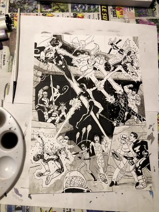 9 card puzzle set commission WIP.  Featuring original characters from my superhero WebToon Canvas series SpandEx.  2.5"x3.5" trading cards, Microns, brush pens and some ink wash.