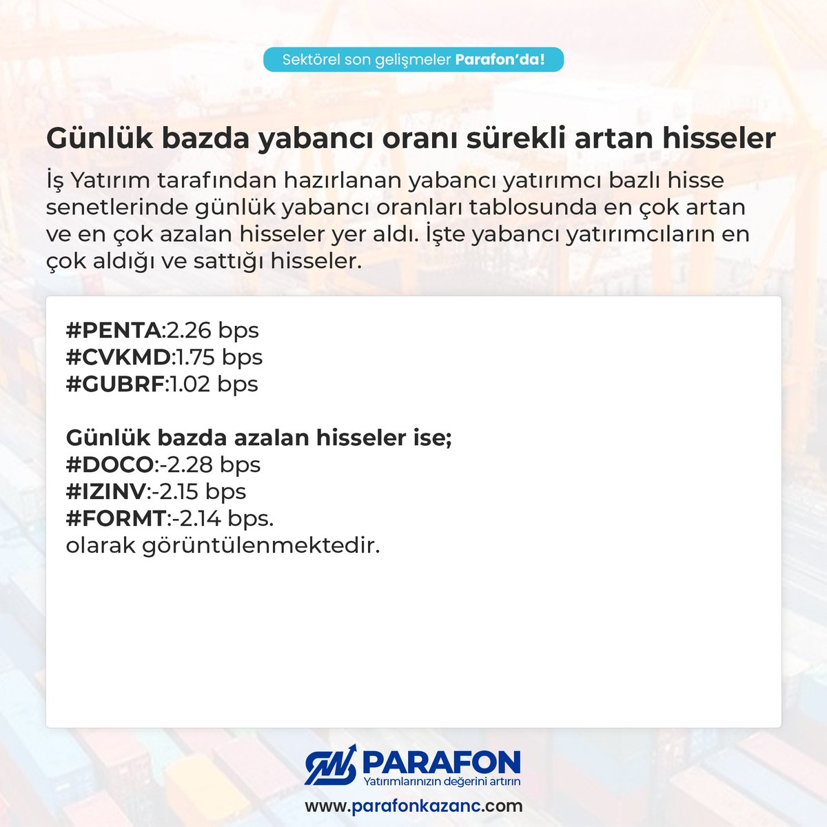 Günlük bazda yabancı oranı sürekli artan hisseler

#PENTA #CVKMD #gubrf #doco #IZINV #formt #hisse #hissesenedi #BORSA #BorsaIstanbul #bist100 #bist100 #bist #XU100