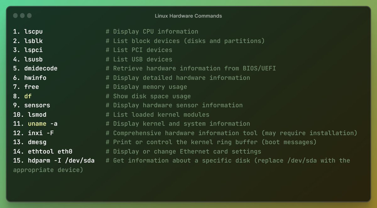 Linux's Most useful hardware commands #Linux #bash #LinuxTips #LinuxCommunity #LinuxSupport #SystemAdministration #LinuxHardware #opensource