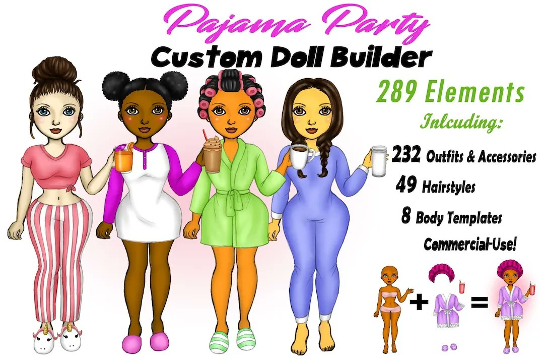 Pajama Girl Best Friends Sleepover Custom Fashion Clipart Bundle by I365art 💤 buff.ly/3rIXCkm