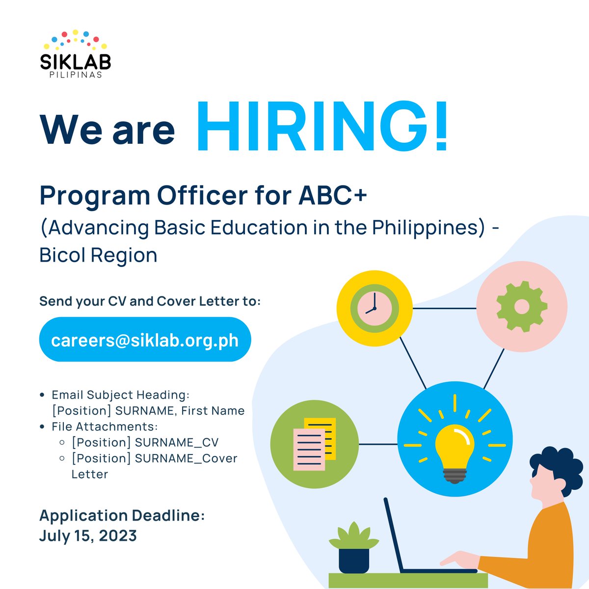 siklab_org's tweet photo. We're looking for a Program Officer to manage the implementation of the ABC+ (Advancing Basic Education Program in the Philippines) in the Bicol Region

Full job description can be accessed here: https://t.co/cencIQ7M9u 

#WereHiring #DevelopmentSectorJobs #JobsPH
#BicolJobs https://t.co/ME6QnMZOqR