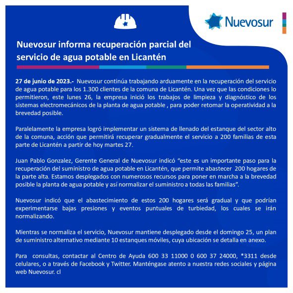 Nuevosur_cl's tweet photo. Nuevosur informa recuperación parcial del servicio en Licantén y direcciones de suministro alternativo. https://t.co/aMn1jp15fx