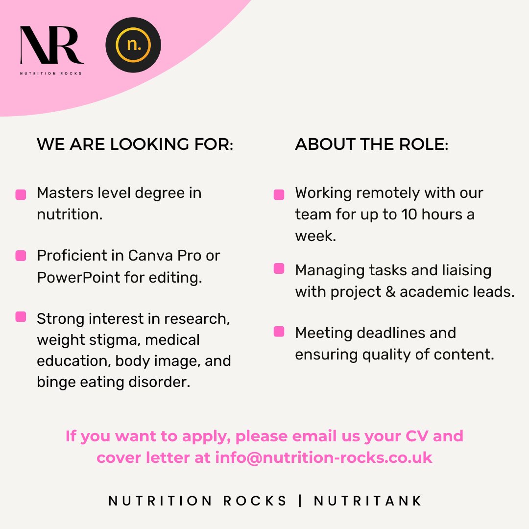 ✨JOIN OUR TEAM ✨

Nutrition Rocks and @nutritank are looking for an enthusiastic individual to contribute to a collaborative project aimed at advancing medical education in addressing weight stigma within the medical profession⬇️

#weightstigma #nutritioneducation #medicine