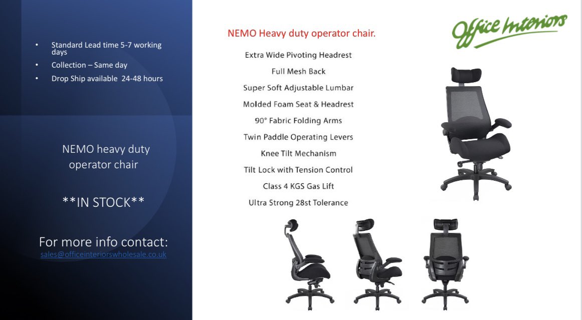 NEMO heavy duty 28st operator chair in stock. Standard lead time 5-7 working days, drop ship available. For more info contact sales@officeinteriorswholesale.co.uk #office #officechairs #officechair #operatorchair #desksetup #desking #officeinteriors #tradeonly