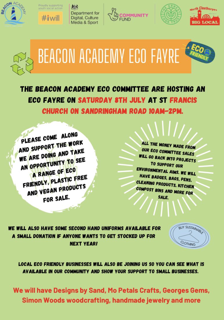 AmberLeBon2's tweet photo. Our exciting summer fair is almost here we have lots of local businesses joining us to showcase local eco friendly products. Please come along to show your support and share with friends and family to make this a big success. @BeaconAcademyCL @EcoSchools @vaneltalk https://t.co/HSl7YblCMD