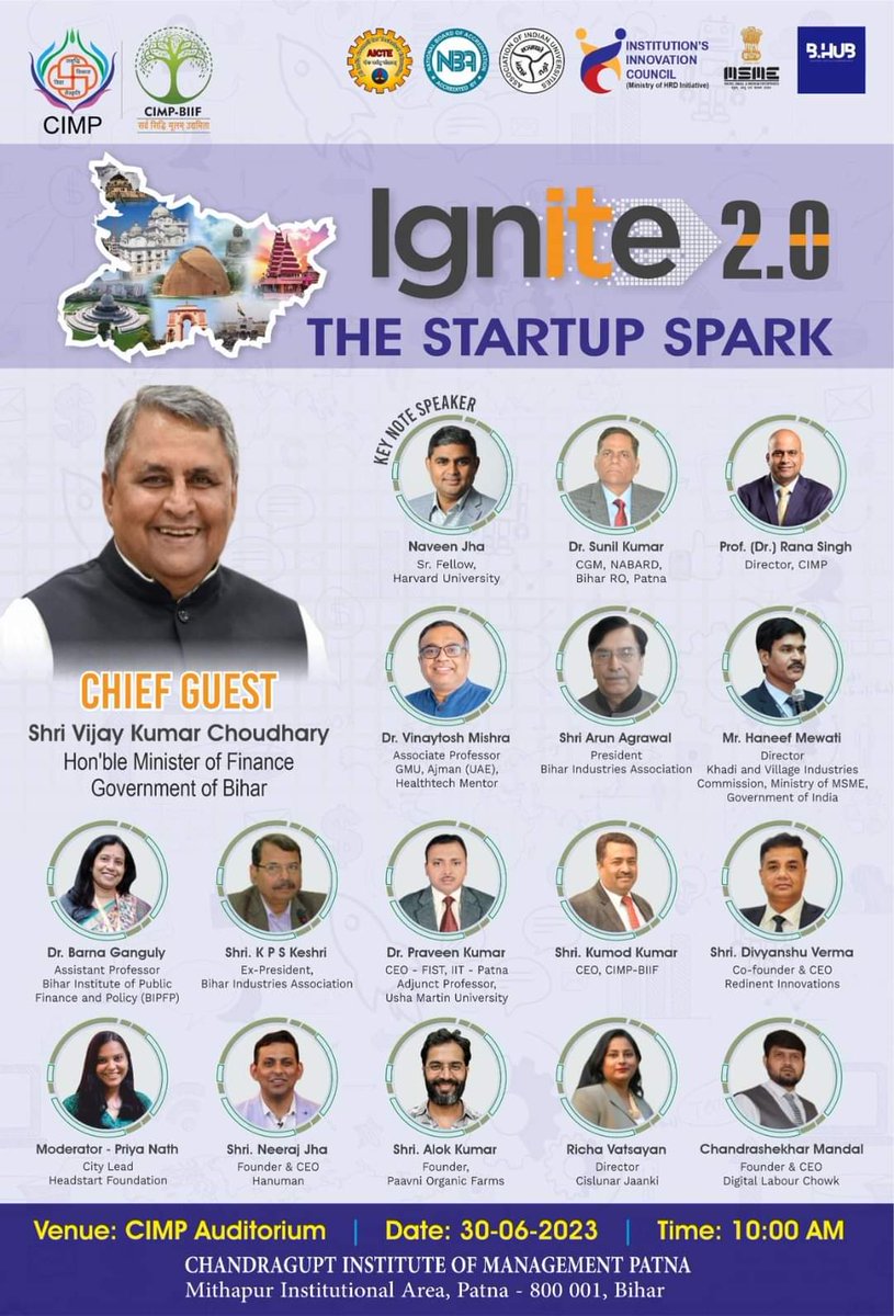 HKishor4you's tweet image. Let&apos;s Join us at IGNITE 2.0, a mega event organized by Chandragupt Institute of Management Patna (CIMP), 

#TechaxLabs #Medaaverse #event #Patna #Bihar  #startup #entrepreneurship #innovation #growth #networking #opportunities  #startups  #leaders  #hkishor4you #Samastipur