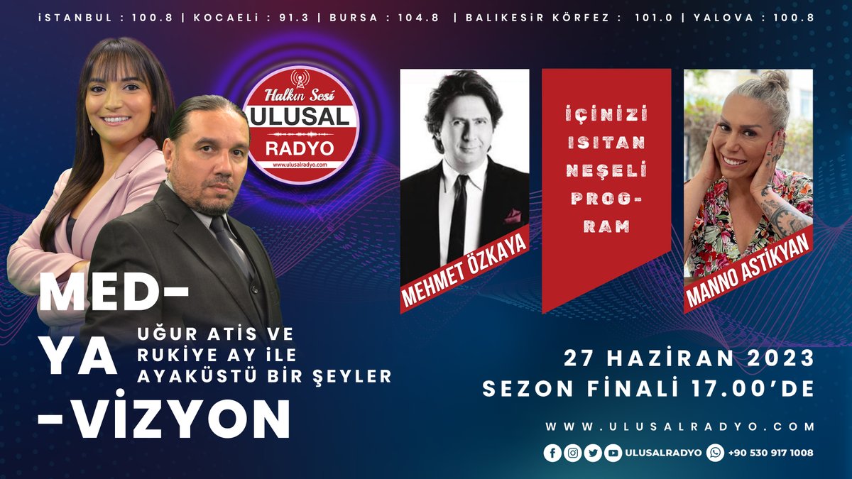 #UğurATİS ve #RukiyeAY'la #AyaküstüBirŞeyler #MedyaVizyon #SezonFinali'ne #TSM #Yorumcu #Besteci #MehmetÖZKAYA ve #Müzisyen #Yorumcu #MannoASTİKYAN konuk oluyor;

#AyakÜstüBirŞeylerMedyaVizyon Salı 17.00'de #UlusalRadyo'da.  

#Müzik #RadyoProgramı #Radyo #Yayın