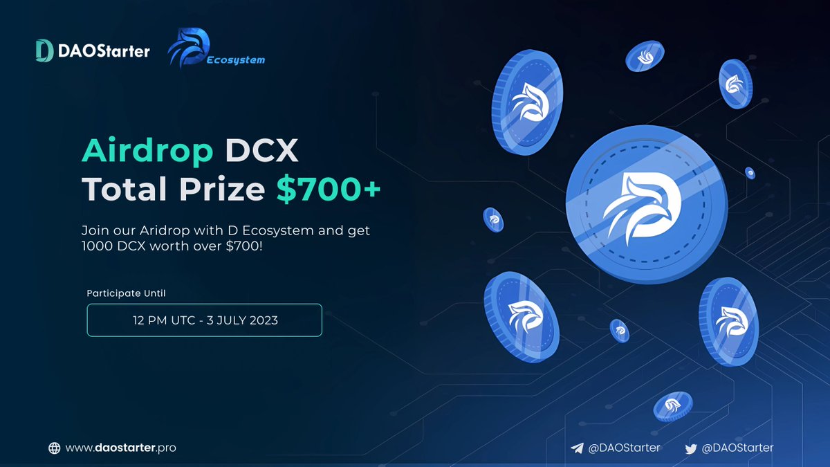 DaoStarter (@daostarter) on Twitter photo 🔆DaoStarter x D-Ecosystem #Giveaway ✨
🪙 Prize Pool «» 1000 DCX worth over $700 😍
🏅10 winners
✅ Follow <a href="/DaoStarter/">DaoStarter</a> & <a href="/d_ecosystem/">D Ecosystem</a> on TW
✅ Join t.me/d_ecosystem_gr… on TG
✅ Like, RT & Tag 3 Friends
⏳ 6 days
GOOD LUCK !!!🥳
#Airdrop #Giveaway #IDO 🔆DaoStarter x D-Ecosystem #Giveaway ✨
🪙 Prize Pool «» 1000 DCX worth over $700 😍
🏅10 winners
✅ Follow <a href="/DaoStarter/">DaoStarter</a> & <a href="/d_ecosystem/">D Ecosystem</a> on TW
✅ Join t.me/d_ecosystem_gr… on TG
✅ Like, RT & Tag 3 Friends
⏳ 6 days
GOOD LUCK !!!🥳
#Airdrop #Giveaway #IDO