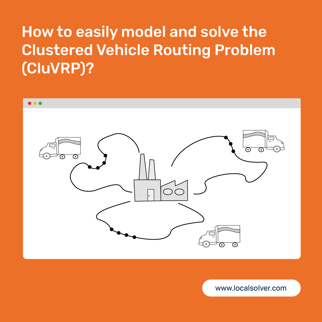 _Hexaly's tweet photo. How to easily model and solve the Clustered Vehicle Routing Problem (CluVRP) using #LocalSolver?
You can find below the link to the full, ready-to-use LocalSolver model written in Python, Java, C#, or C++:
👉 https://t.co/UL8vRBMUc4
#optimization #orms https://t.co/DexN3fWJXN