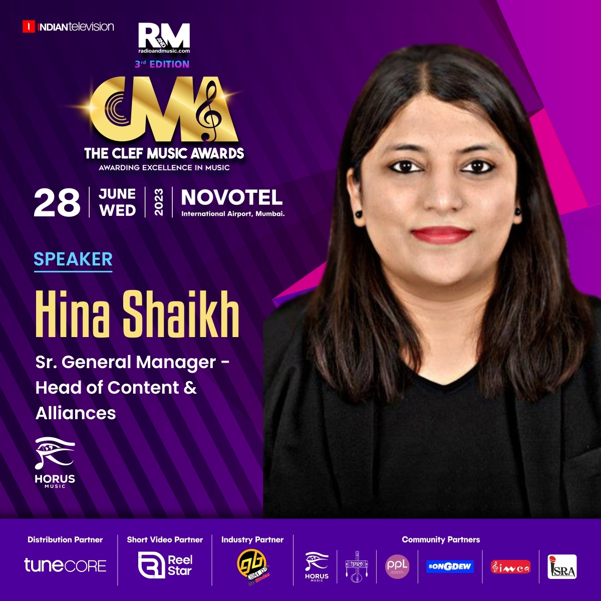 Our Senior General Manager and Head of Content & Alliances Hina will be a judge for this years @radioandmusic Clef Music Awards. Hina will also be participating on the panel ‘Indie Music scene at it’s best’, 28th of June, 6 pm.

#CMA2023 #ClefMusicAwards2023 #horusmusicindia