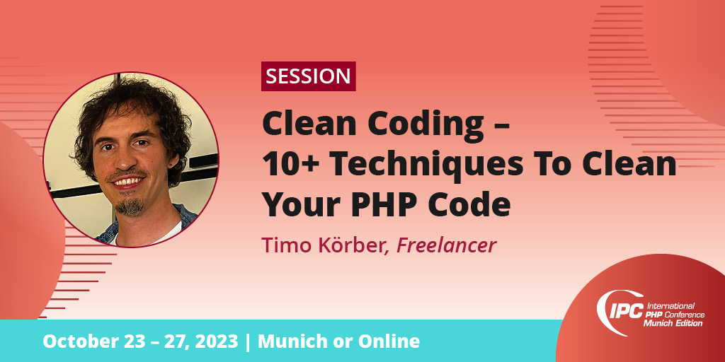phpconference's tweet photo. Learn about the importance of #CleanCode in #WebDevelopment and practical examples of modern PHP techniques to refactor your PHP code for enhanced readability, understandability, and maintainability in Timo Körber's presentation.
▶️ https://t.co/buqtvjysDs ◀️ https://t.co/L3LhsTOPdE