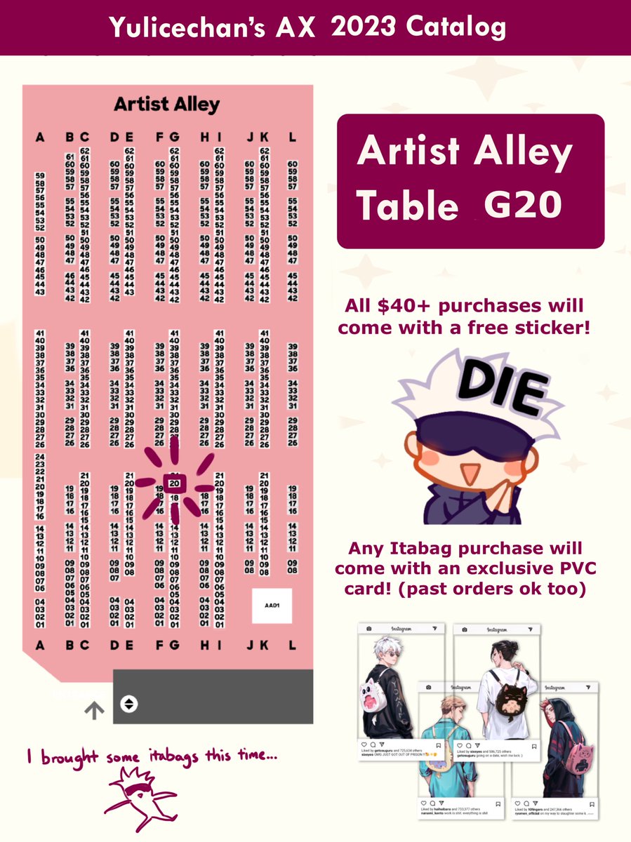 Here's my AX catalog! I'm bringing a small batch of itabags this time around 🙌 Come say hi at Table G20 we can all cry over Gojo together  #AX2023 #AX2023ArtistAlley #AXArtistAlley2023