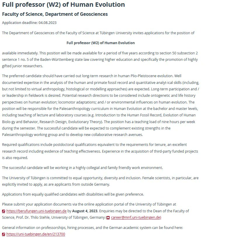 📢 #JobAlert Join the Paleoanthropology team in Tübingen! We have an opening for a 5-year visiting professorship in #humanevolution. Application deadline: August 4 2023 ⏳️ 🔗 shorturl.at/rzAY2 Please share with any interested candidates!