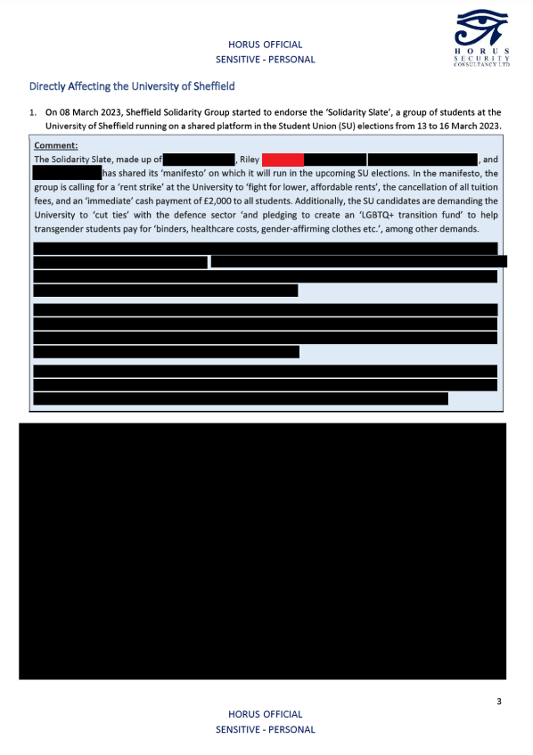 nowthenmag's tweet photo. We've obtained documents that show how the University of Sheffield hired private investigators who went on to monitor candidates in a student election.

The file is heavily redacted, but appears to name individual students and outlines their manifesto for office at @SheffieldSU. https://t.co/BSBlVo9MnS