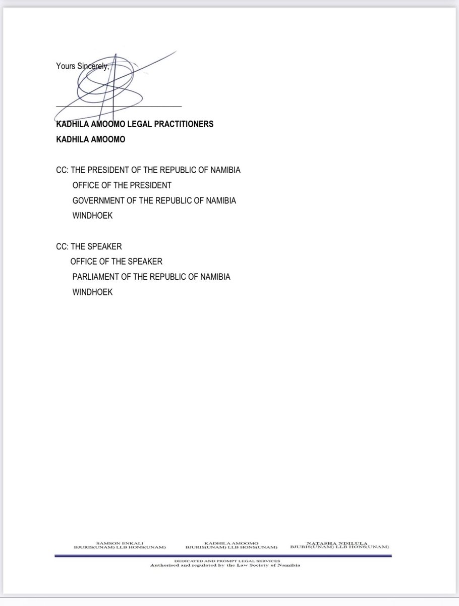 Shipululo's tweet photo. Dear Namibians 🇳🇦
Since everyone, including Parliament, is scared of the Germans with regards to the 24% Matter,  the @ArNamibia has taken up the matter directly with the Germans on behalf of our people. Here is our letter through our Fearless lawyer @Dilukeni https://t.co/DPZmibavL7