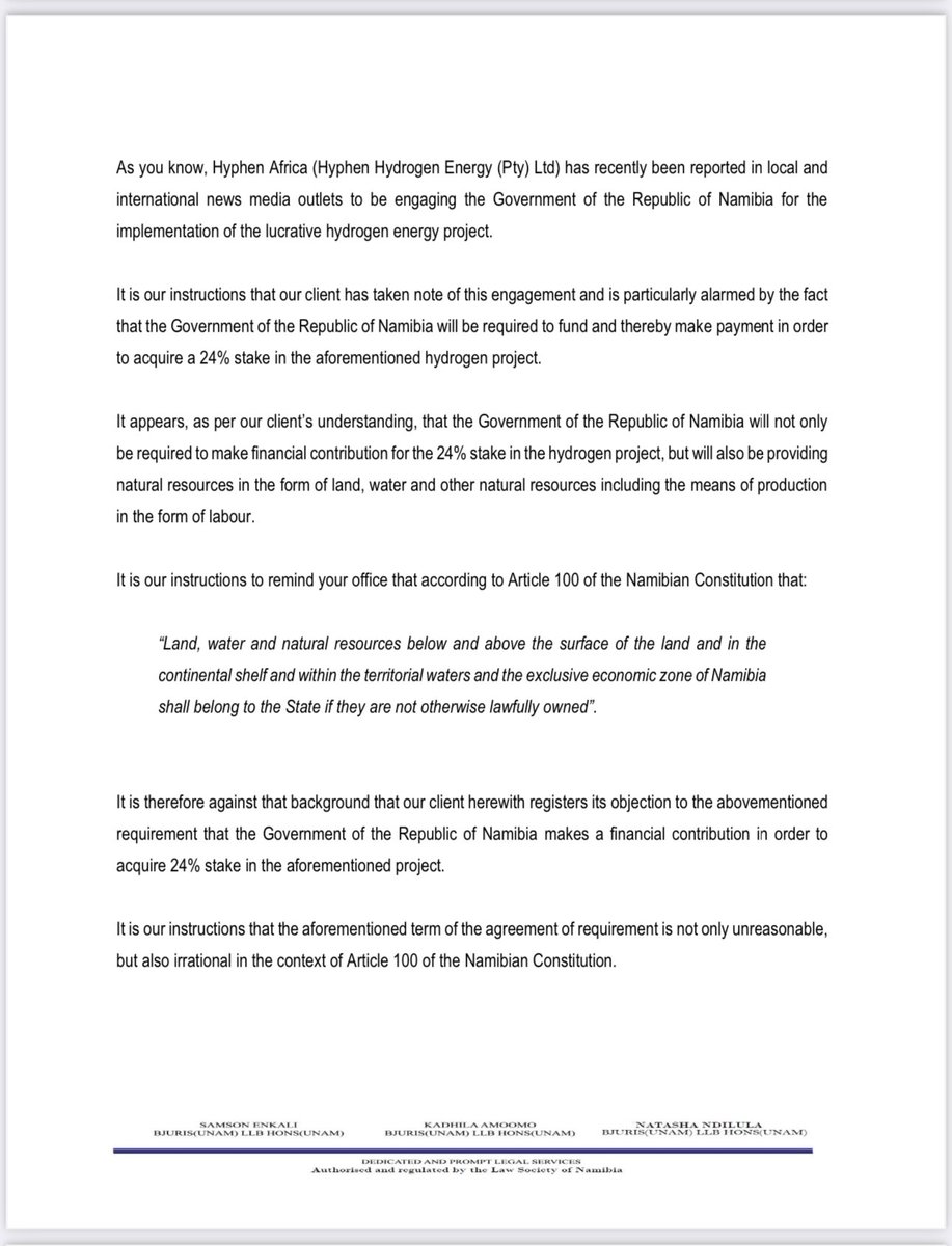 Shipululo's tweet photo. Dear Namibians 🇳🇦
Since everyone, including Parliament, is scared of the Germans with regards to the 24% Matter,  the @ArNamibia has taken up the matter directly with the Germans on behalf of our people. Here is our letter through our Fearless lawyer @Dilukeni https://t.co/DPZmibavL7