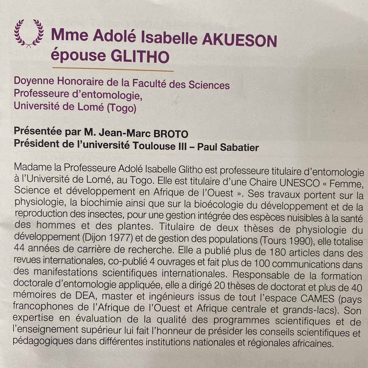 kevinossah's tweet image. La Prof. Glitho-Akueson, doyenne honoraire de la fac des sciences à l’Université de Lomé a été élevé au rang de Doctor Honoris Causa à l’Université Toulouse III - Paul Sabatier, présenté par le président @jeanmarcBroto. Heureux d’avoir assisté à la cérémonie !#UT3PaulSabatier