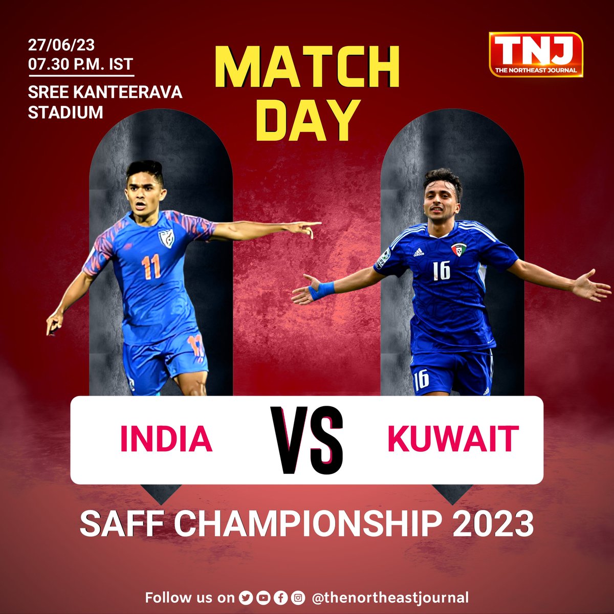 thenejournal_'s tweet photo. #SAFFChampionship is heating up as #INDIA 🇮🇳 takes on #KUWAIT 🇰🇼 today! 🔥 Don't miss this thrilling #MatchDay showdown! 🏆🎉

#IndiaVsKuwait #FootballAction #SAFFChampionship2023 #SportsNews #LiveUpdates #GameOn #bluetigers #sunilchhetry #IndianFootball #BackTheBlue https://t.co/608vhexoqF