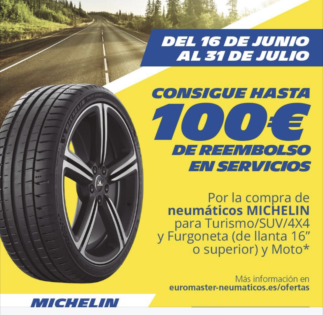 RecauchMiguel's tweet photo. Del 16 de junio al 31 de julio, por la compra de neumáticos MICHELIN para turismo, SUV/4x4, furgoneta de 16" o superior y moto 🚗🚐🏍, consigue hasta 100 euros de reembolso. https://t.co/plJXoNRWW1
