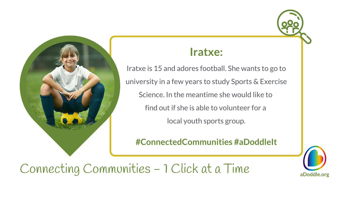 aDoddle_UK's tweet image. &apos;Iratxe&apos; is 15 &amp;amp; adores football. She wants to go to university in a few years to study Sports &amp;amp; Exercise Science. In the meantime she&apos;d like to volunteer at a local youth sports group.

For 𝗘𝘃𝗲𝗿𝘆𝗼𝗻𝗲 and 𝗘𝘃𝗲𝗿𝘆 𝗖𝗼𝗺𝗺𝘂𝗻𝗶𝘁𝘆📍

#CommunityMaps #aDoddleIt