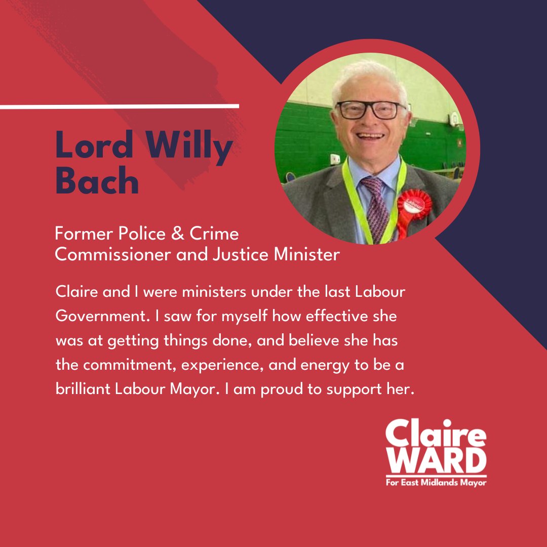 .@FightBach was a hugely successful police and crime commissioner and is still one of the most ambitious campaigners in our movement. I am truly humbled to have his support to be Labour's first East Midlands Mayor.

Join the campaign 👉 claireward.co.uk
#Claire4Mayor