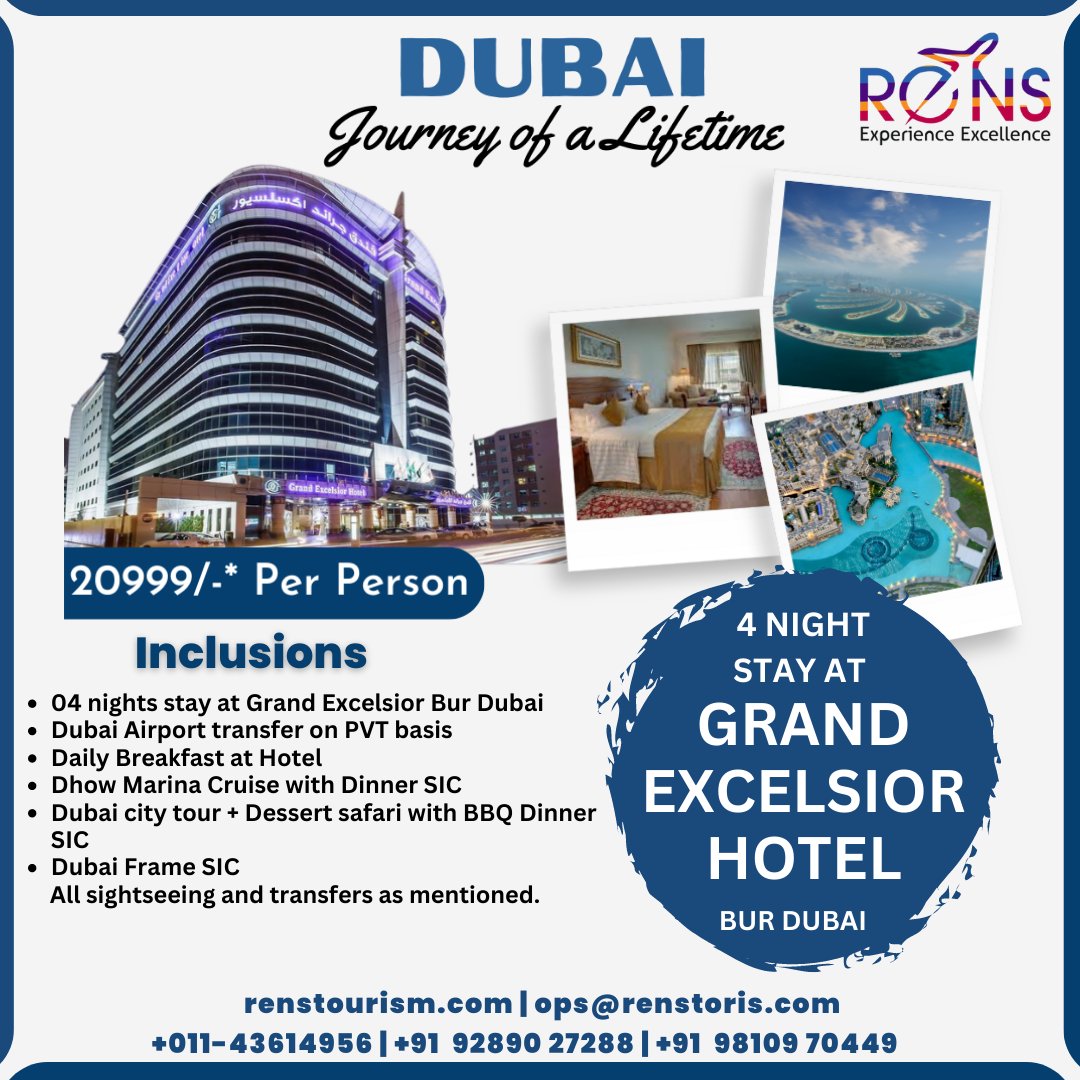 Embark on a captivating Dubai tour with a 4night stay at the prestigious Grand Excelsior Hotel. Discover the city's iconic landmarks, immerse in vibrant culture, and unwind in ultimate comfort and elegance. A remarkable experience awaits

#tour #tourpackages #tourisme #dubai2023