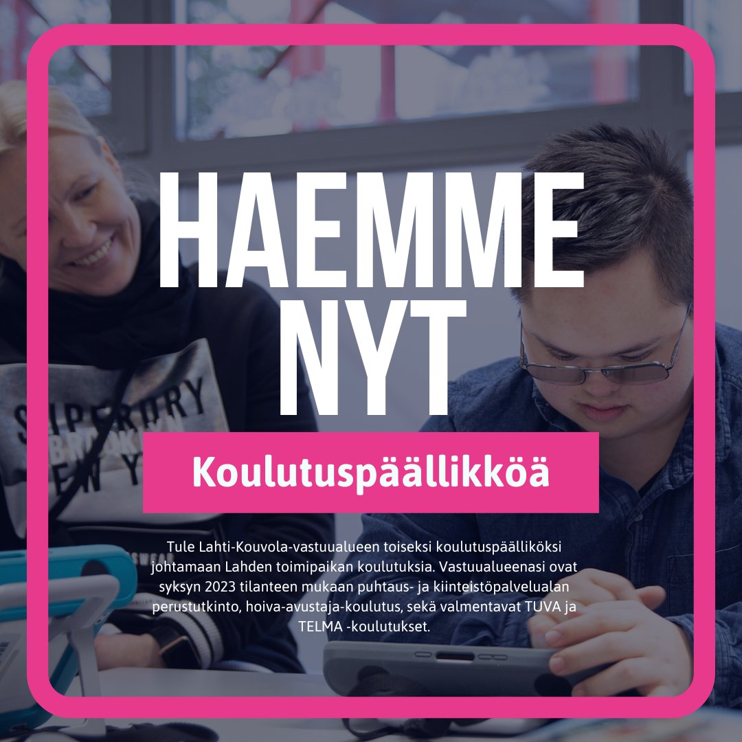 Tule Lahti-Kouvola-vastuualueen toiseksi koulutuspäälliköksi johtamaan Lahden toimipaikan koulutuksia. Vastuualueenasi ovat puhtaus- ja kiinteistöpalvelualan perustutkinto, hoiva-avustaja-koulutus, sekä valmentavat koulutukset.

Lue lisää ja hae heti! ⬇️
ats.talentadore.com/apply/koulutus…