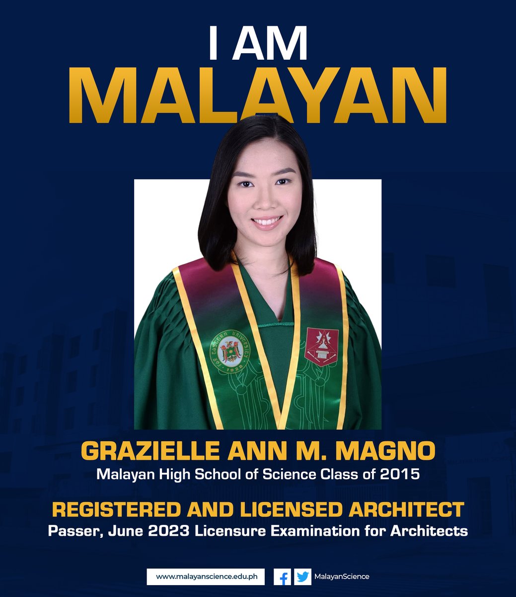 MalayanScience's tweet image. Exemplifying #MalayanExcellence, Malayan Science alumna Grazielle Ann M. Magno passed the June 2023 Licensure Examinations for Architects. Congratulations, Arch. Magno! #ProudMalayan