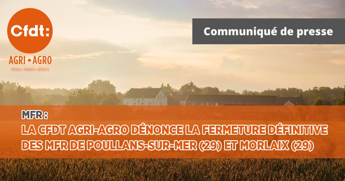 [CP]
La CFDT Agri-Agro condamne le choix qui a été fait par la gouvernance et les directions départementales et régionales des MFR de Morlaix et Poullans-sur-Mer de fermer ces établissements.
<a href="/CFDT/">CFDT</a> #MFR #Fermeture #morlaix #poullanssurmer
👇Lien👇