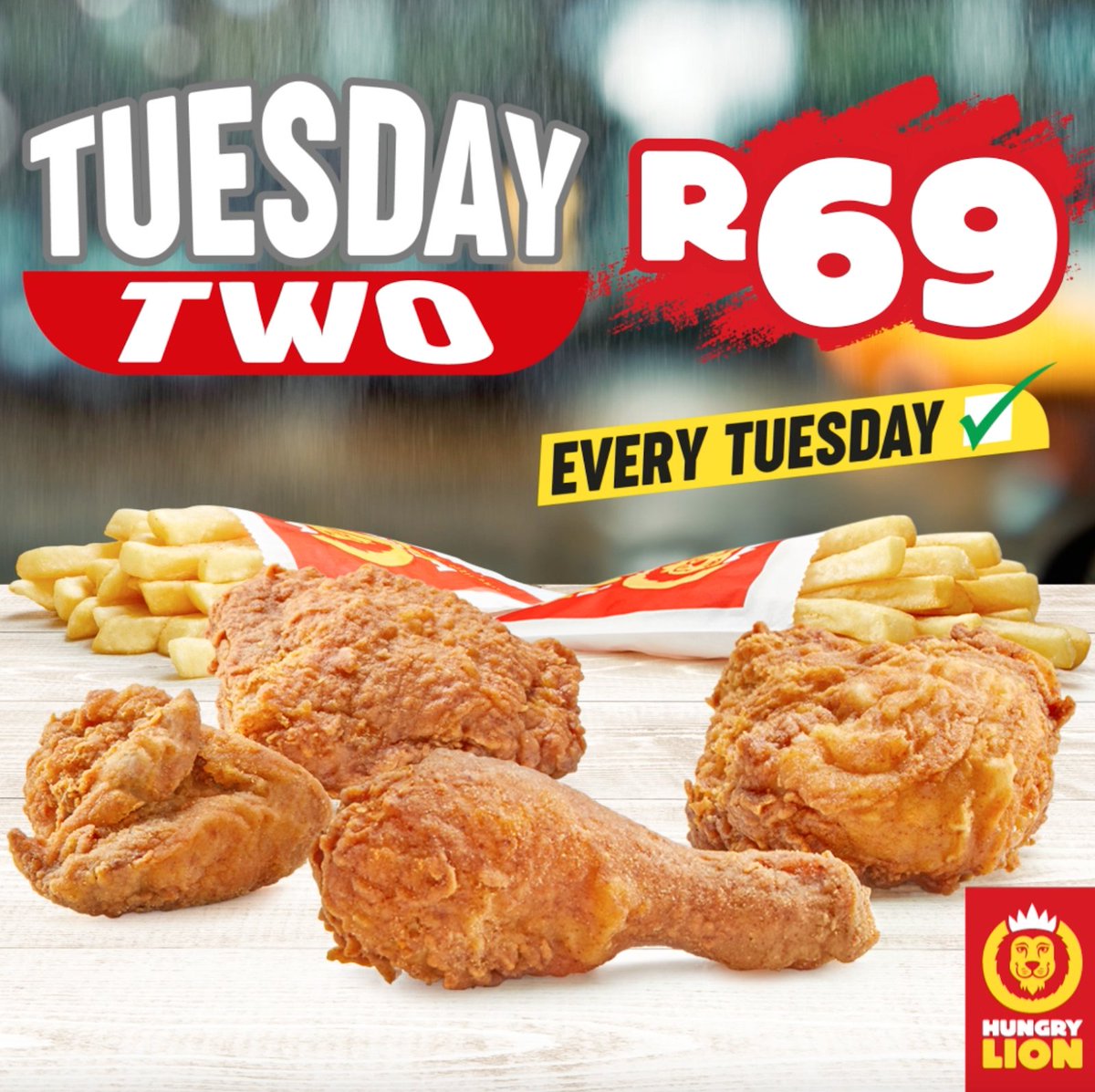 🍗🌮 Craving a delicious #chooseday treat? Try the Tuesday Two! Four mouthwatering pieces of our delicious fried chicken, paired with golden fries. Hurry, this unbeatable combo is available on Tuesdays only! 🙌😋 #TuesdayTwo #HungryLikeALion