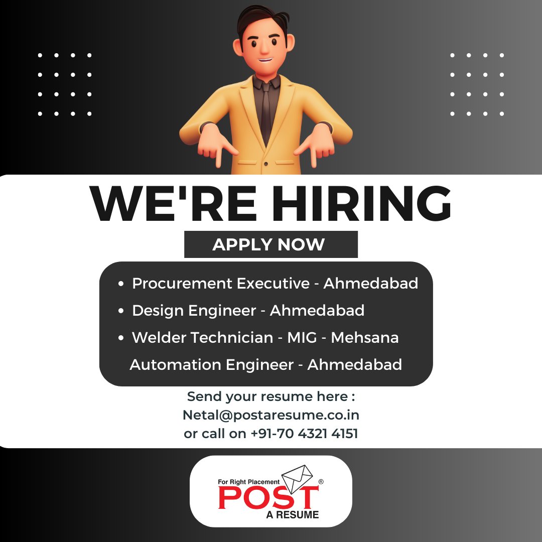 We are hiring now... Call Netal Parmar at +91-7043214151 for more details and Send a CV to netal@postaresume.co.in before calling her. . #HiringNow #JobOpportunities #AhmedabadJobs #MehsanaJobs #ApplyNow #postAresume #HR #JOBS