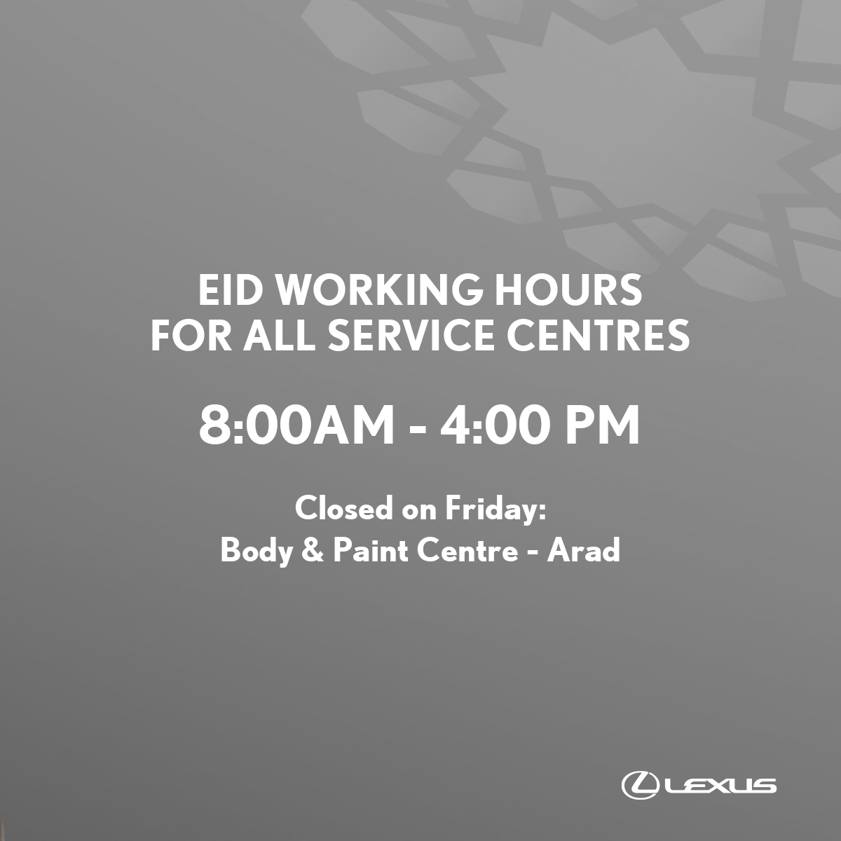LexusBahrain's tweet photo. عملاءنا الكرام، نستقبلكم في مراكز الخدما��، قطع الغيار والتصليح والصباغة خلال عيد الأضحى المبارك وكل عام وأنتم بخير.

For your convenience, our service, spare parts, and Body &amp; Paint centres will be open during Eid Al Adha.

#Lexus #LexusBahrain #لكزس_البحرين https://t.co/sffMTTTQfG