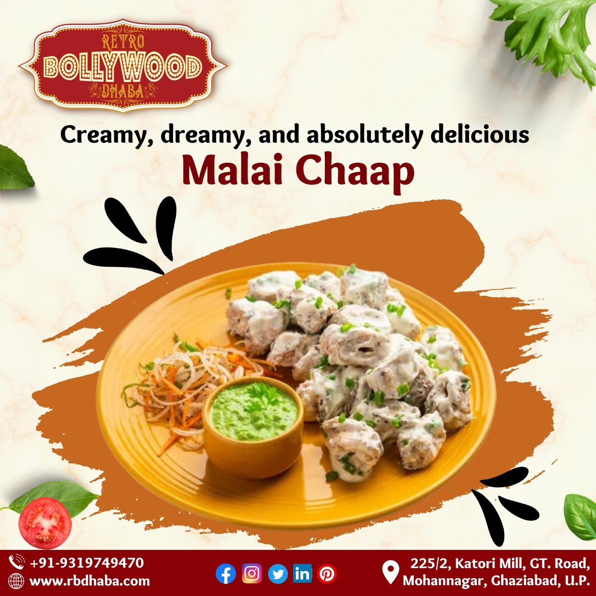 'Experience the creamy indulgence of Malai Chaap at Retro Bollywood Dhaba! 🌿🍢'

Delight in the succulent and marinated soya chaap, cooked to perfection in a luscious and aromatic malai (cream) gravy.

#RBD #MalaiChaap #CreamyDelights #BollywoodFlavors  #BollywoodFoodCravings