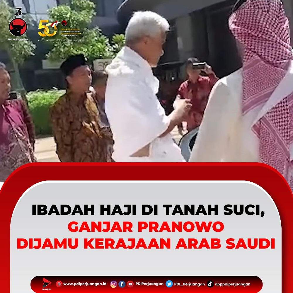 PDI_Perjuangan's tweet photo. Ganjar Pranowo Laksanakan Ibadah Haji Bersama Keluarga di Tanah Suci Makkah

Bakal capres usungan PDI Perjuangan Ganjar Pranowo melakukan ibadah haji bersama keluarganya ke tanah suci Makkah, Arab Saudi.

Ibadah Haji di Tanah Suci, Ganjar Pranowo Dijamu Kerajaan Arab Saudi 

Ganjar bersama keluarga tiba di Bandara Internasional King Abdulaziz, Kota Jeddah , Setibanya di sana, Ganjar pun disambut oleh protokol Kerajaan Saudi Arabia.

Ibadah Di Kota Makkah, Ganjar dan Keluarga Dijemput Mobil Khusus Arab Saudi 

Saat menuju Kota Makkah, Ganjar dan keluarga diantar dengan menggunakan mobil khusus.

#PDIPerjuangan
#50tahunPDIP
#bangunlahjiwadanbadannya
#SolidBergerak