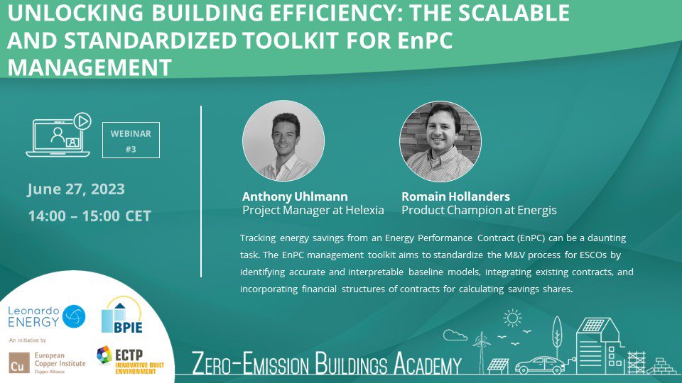 Join us this afternoon for the 3rd #ZEBAcademy webinar. 🗣️Antony Uhlmann @HelexiaDev and Romain Hollanders #Energis will present unified approach to streamline EnPC management process for #ESCOs. ℹ️ Information and registration copperalliance.zoom.us/webinar/regist… #EPBD #REPowerEU