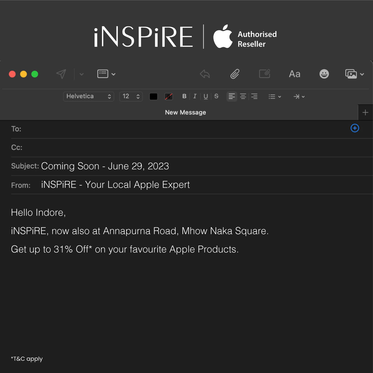 iNSPiREapr's tweet photo. iNSPiRE - Your Local Apple Expert, launching Indore's 4th store near you! 

🗓️ Thursday, 29th June 2023.
📍Annapurna Road, Mhow Naka Square, Indore.

#iNSPiRE #AppleAuthorisedReseller #iNSPiREIndore #NewiNSPiREStore #LaunchingSoon #StoreOpeningSoon #GrandOpening #StayTuned https://t.co/57xbbFJckg