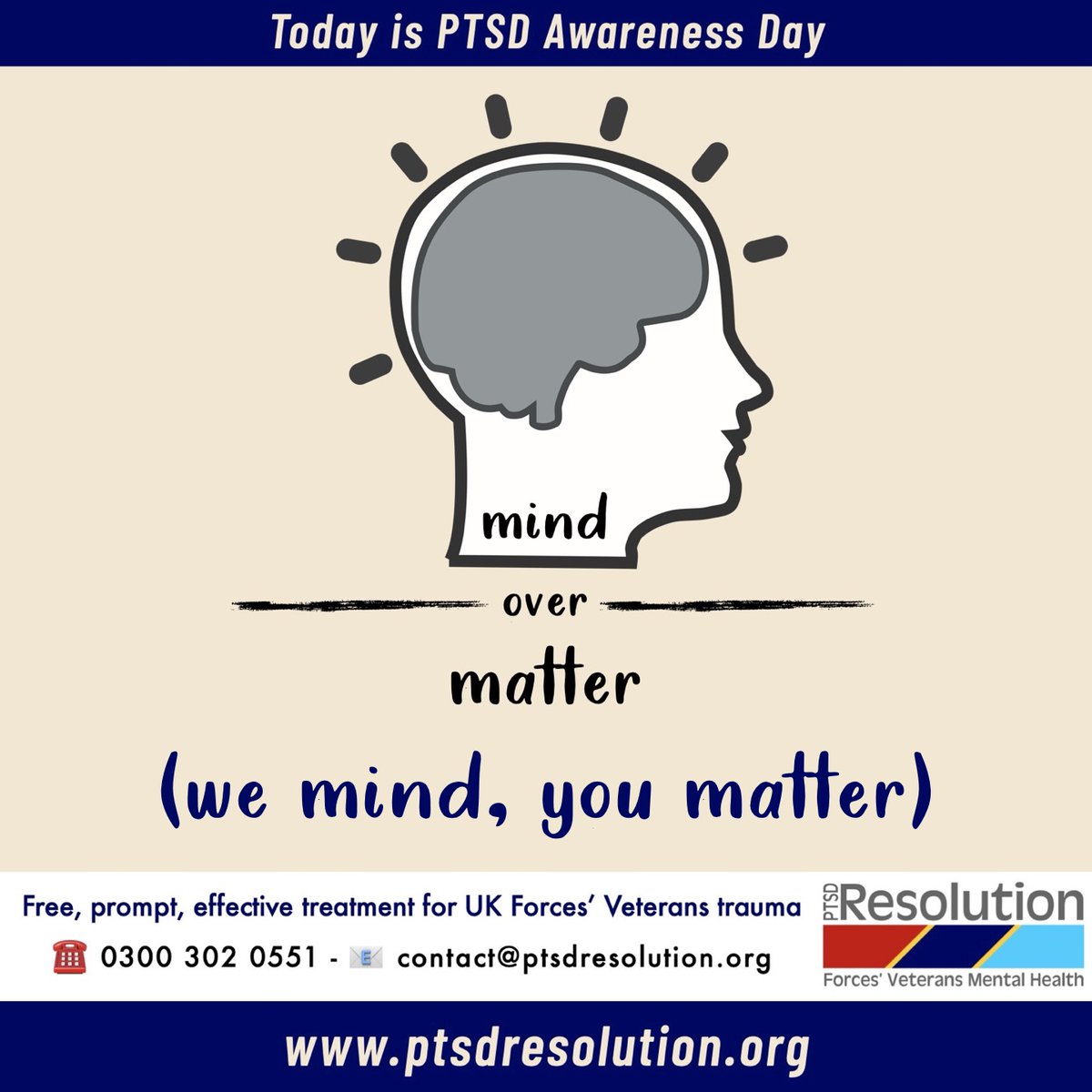 Today is #PTSDAwarenessDay & we are calling out to UK Veterans, Reservists & families: 

📢 There is no need to continue suffering the effects of Post Traumatic Stress

Call #PTSDResolution on 0300 302 0551 or email contact@ptsdresolution.org

We mind, you matter.

#MentalHealth