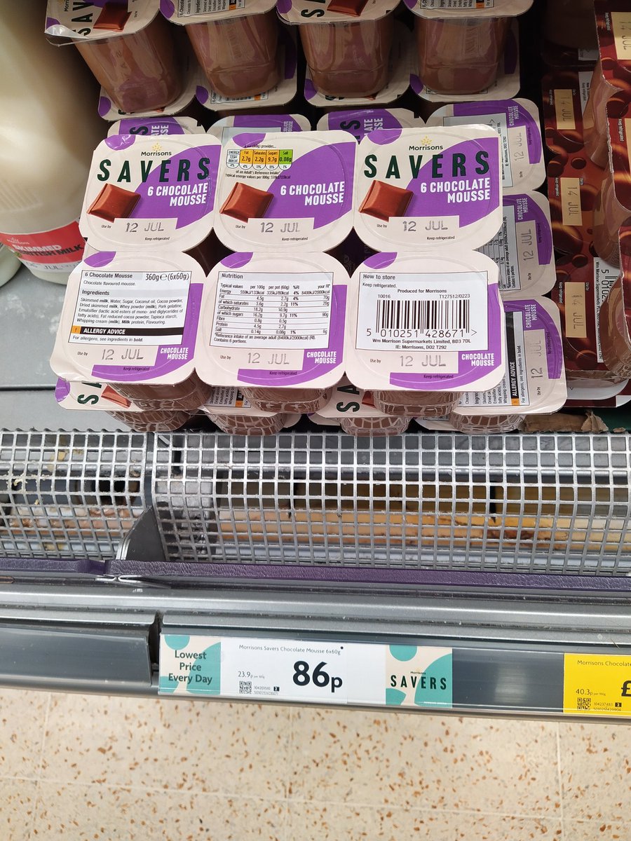 #Morrisons rip off the customers.
6 pack Chocolate Mouse went up a few months ago from 60p to 72p.
That was bad enough.
It's now gone up to 86p !!
Whopping increase of 43%.
And this is part of their 'Savers' range !!
And they say next to 86p price tag, 'Lowest price every day' !!
