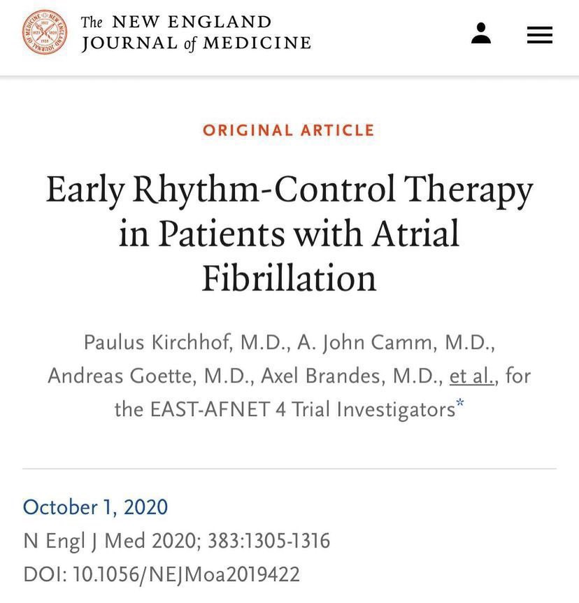 CardiacTrials's tweet photo. Early rhythm control in patients with atrial fibrillation? This trial showed rhythm control within a year of afib dx improved outcomes over rate control.
Rationale? Reestablishing sinus rhythm BEFORE fibrillation-induced remodeling takes place.👇 EAST-AFNET 4 Trial, NEJM 2020 ♥️ https://t.co/Wk34WXuYzY